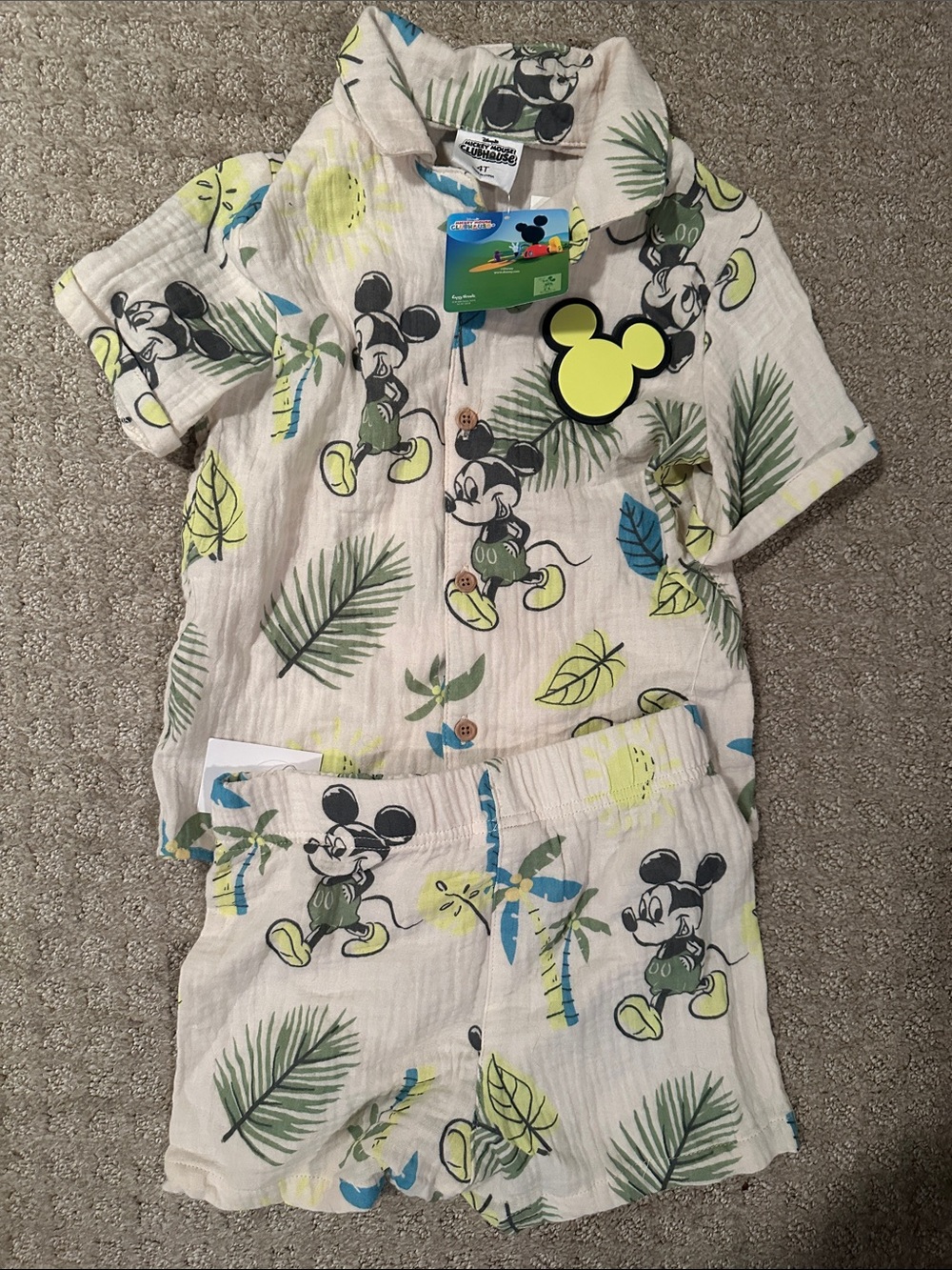 Disney Mickey Mouse Beige Leaf-Print Kids Linen Set